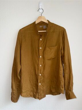 Muji Men's Mandarin Collar Shirt in Mustard Brown Linen